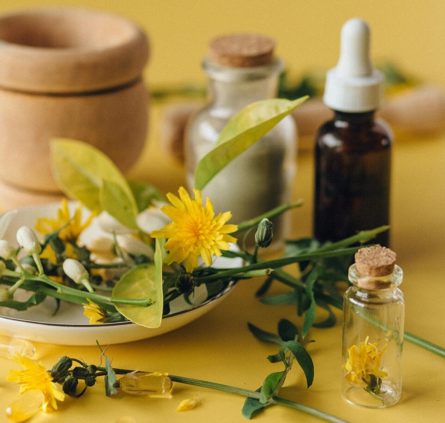 Dried herbs and essential oils on a yellow background, perfect for natural health concepts.